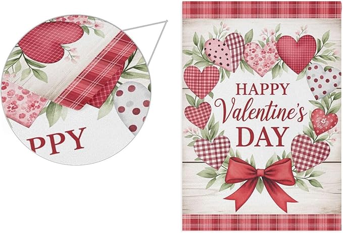 Pfrewn Valentine House Flag 28 x 40 Double Sided, Heart Wreath Wooden Garden Yard Flags Welcome Spring Outdoor Indoor Banner for Wedding Party Home Decorations