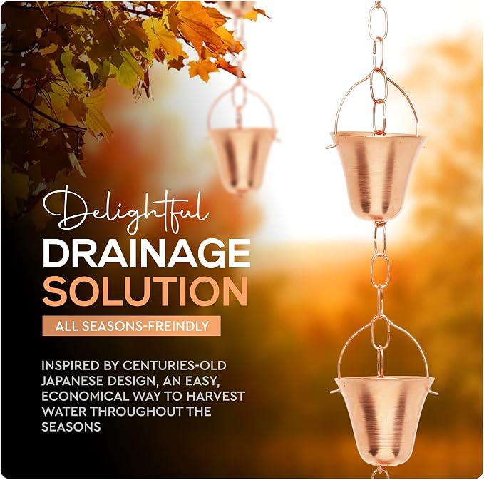 Copper Rain Chain – Decorative Chimes & Cups Replace Gutter Downspout & Divert Water Away from Home for Stunning Fountain Display – for Universal Fit