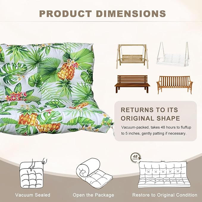 Porch Swing Cushion with Backrest,Waterproof Bench Cushion for Outdoor Furniture,2-3 Seater Replacement Thickened Swing Cushion with Ties,Patio,Outdoor,Backyard and Garden (Tropical Pineapple,47x40")