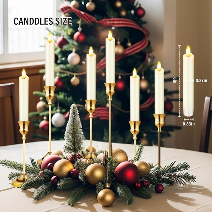 KSWING Upgraded Real Wax Short LED Flameless Taper Candles with Remote, 6 PCS White Candlesticks Battery Operated 3D Flickering - 6" Realistic Fake Candle Sticks for Home/Wedding/Fireplace Xmas Decor