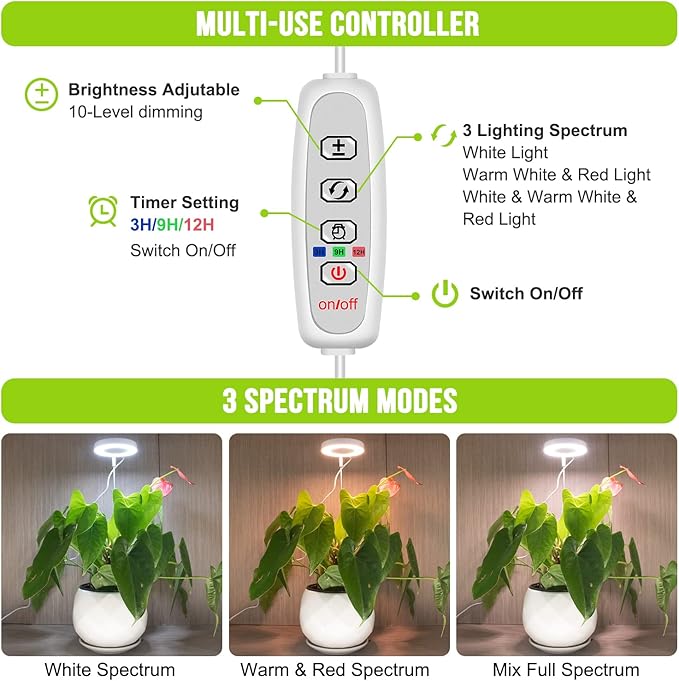Kullsinss Grow Lights for Indoor Plants, Full Spectrum Halo Growing lamp with Detachable Base, Height Adjustable, 3 Colors, 10 Dimming, Automatic Timer, Plant Light for Succulents Small Plants