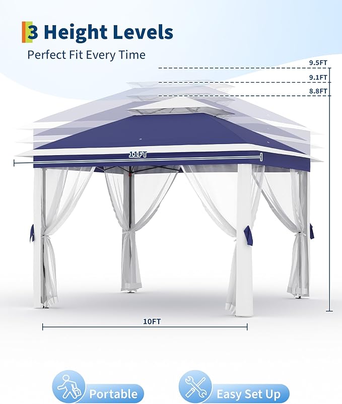 GarveeLife 11'x11 Pop-Up Gazebo, Instant Outdoor Canopy Tent with Mosquito Nettings, Durable Steel Frame, Water, and UV Proof, for Patio, Garden, Courtyard, Party (Blue)