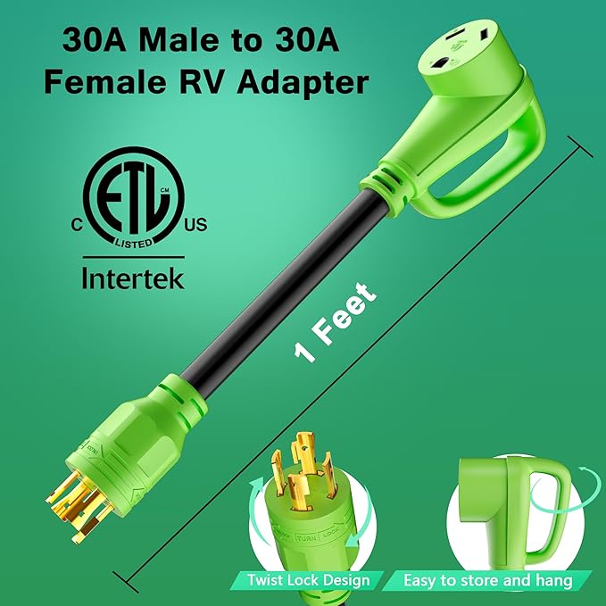 4 Prong 30 Amp RV Generator Adapter Cord, Generator to RV Adapter, NEMA L14-30P Twist Lock Male to NEMA TT-30R Female with Handle, STW, 10AWG, Power Cord for Generator to RV Trailer Camper, 1FT