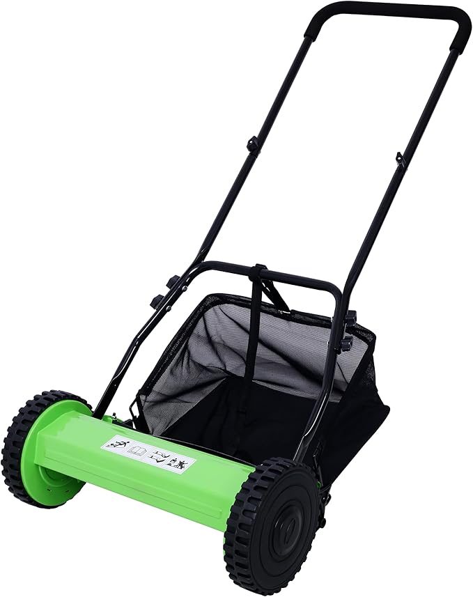 KEIKI 16-Inch Manual Lawn Mower, Push Reel Mowers w/Grass Catcher & Adjustable Cutting Height, 2-Wheels Small Lawnmower with 5 Steel Blades for Graden, Spaces Saving & Easy Assembly, Green