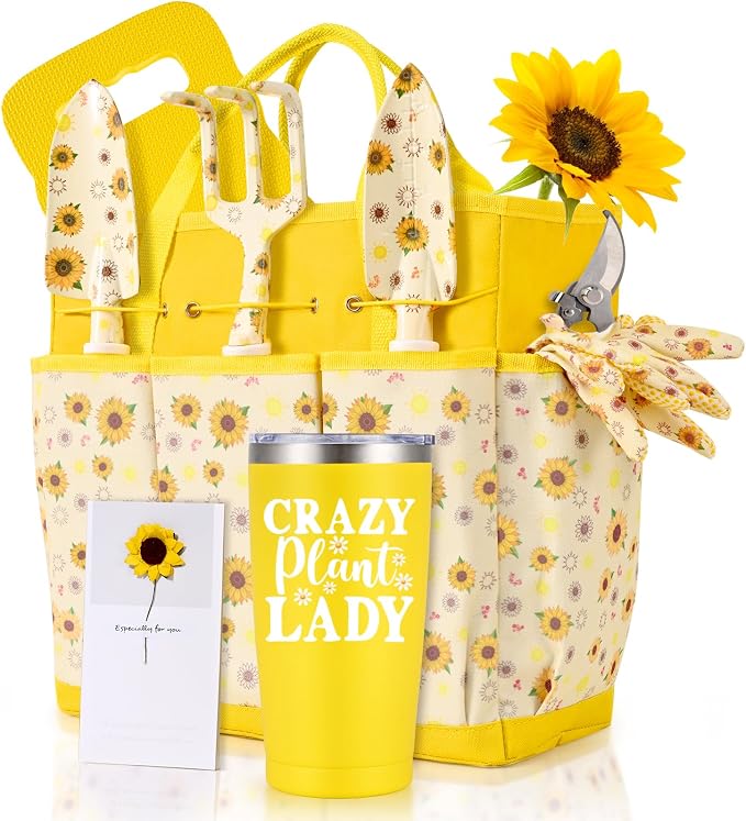 Gardening Gifts for Women, Gardening Tools for Women, 9 PCS Sunflower Garden Tools Set Kit with Garden Tool Bag, Mother's Day Birthday for Gardener Mom Grandma Aunt, Yellow