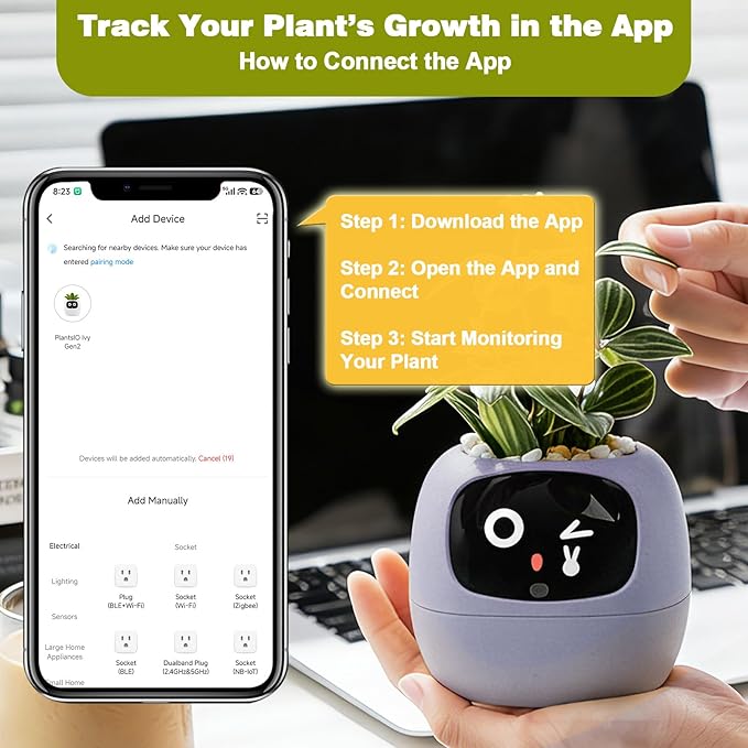 Smart Planter with App Control, Self-Watering AI Plant Pot with LCD Display, Interactive Desk Plant Companion for 100+ Plants, Smart Indoor Planter with Pomodoro Timer,80ml Reservoir,Calendar-Purple