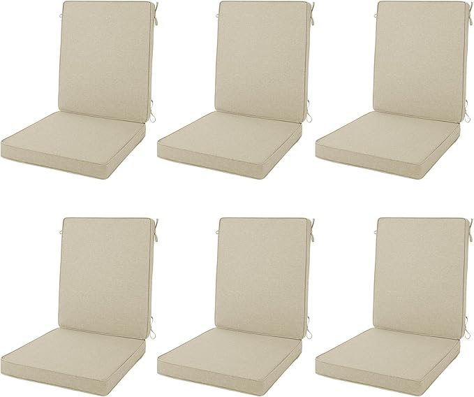 Outdoor Chair Cushions 20x20, Water-Resistant & Fade-Resistant, Patio Furniture Lawn Dining Chair Seat Replacement with High Back, Ties Zipper, Removable Cover, Set of 6, Natural