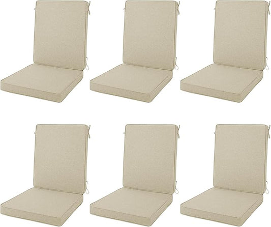Outdoor Chair Cushions 20x20, Water-Resistant & Fade-Resistant, Patio Furniture Lawn Dining Chair Seat Replacement with High Back, Ties Zipper, Removable Cover, Set of 6, Natural