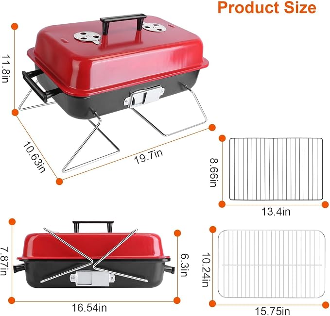 Portable Charcoal Grill for Outdoor Cooking - Small Tabletop BBQ Smoker Grill with Lid, Folding Design for Camping, Picnics, Beach, Backyard & Tailgating