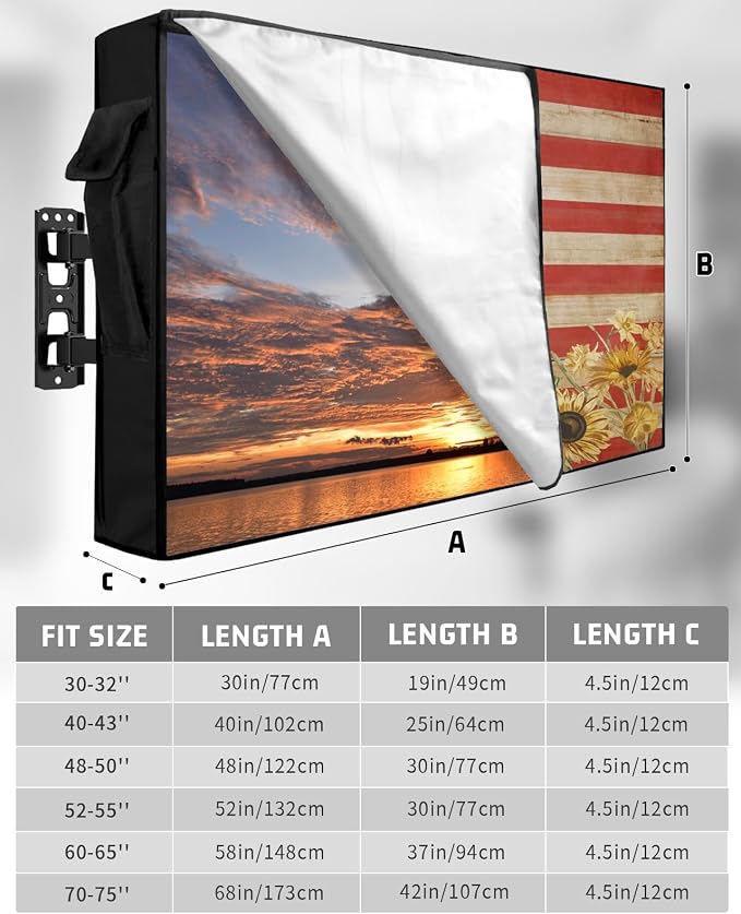 American Flag Outdoor TV Cover 48 to 50 Inch Weatherproof, Sunflowers Farmhouse 600D Oxford TV Covers with Waterproof Zipper, USA Flag Outside Flat TV Screen Protector Size 48"W x 30"H x 4.5"D