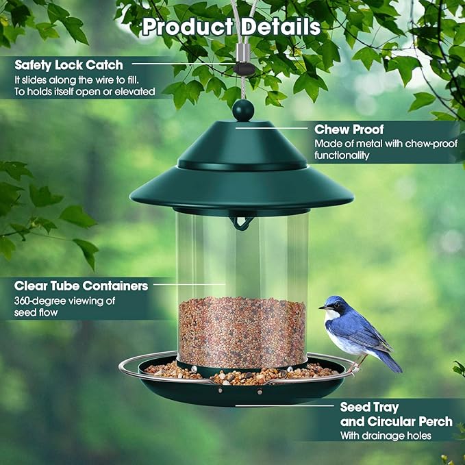 Metal Roof Bird Feeder, Hanging Bird Feeder for Outdoors with 3lb Clear Tube Seed Capacity for Viewing Cardinal Finch, Wild Birdfeeders for Outside Garden Yard Decoration