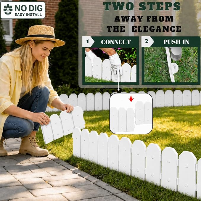 Evelyne Garden Border Edging: Wooden Grain Fence Dog Ear Design - Landscaping Fence Liner Lawn Edge Barrier - Decorative Lawn Landscape Panels Elements -Landscaping Edging (White, 20ft.)