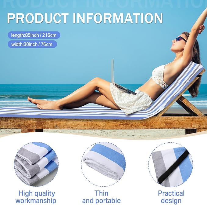 Fumete 2 Pack Lounge Chair Covers 30 x 85 Inch Pool Chaise Lounge Towels Microfiber Beach Chair Towel Portable Striped Outdoor Patio Furniture Cover for Sunbathing Picnic Spa (Blue and Grey)