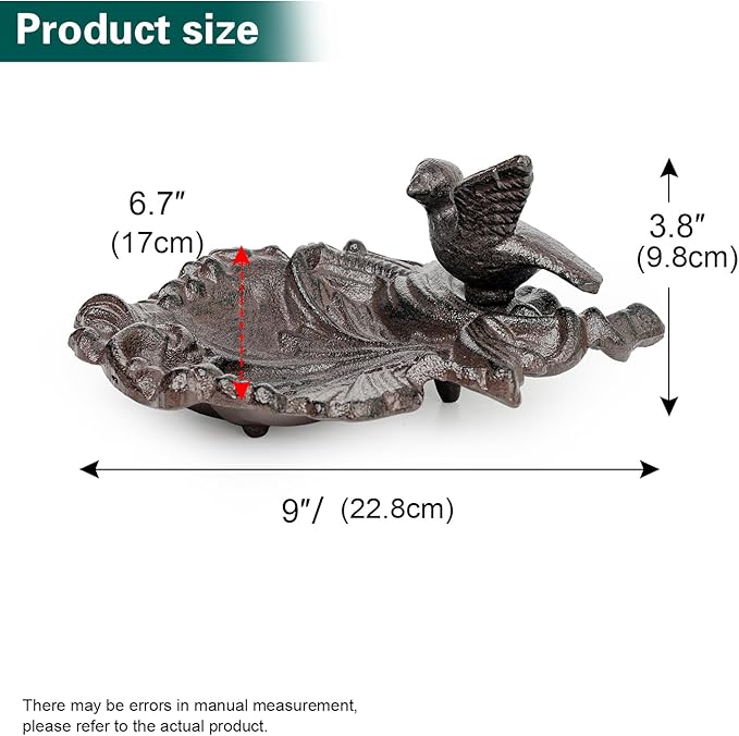 Sungmor Cast Iron Bird Feeder Dish, Rustic Brown Small Bird Feeding Tray, Decorative Leaf-Shaped Outdoor Bath Bowl Food Container for Garden, Patio or Yard