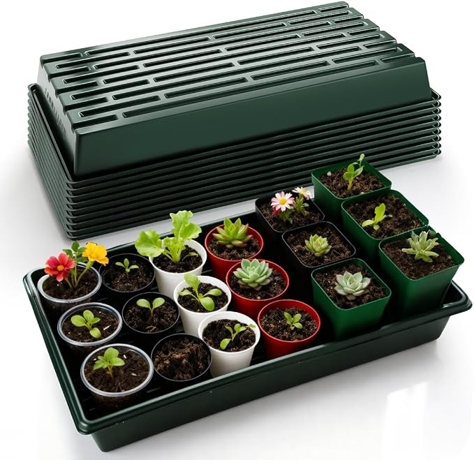 RooTrimmer 10 Pack 1020 Trays No Holes-Reusable Nursery Flats for 50/72 Cell Plug Tray, Heavy Duty Seed Starter Trays for Transplant, Seed Starting, Plant Propagation & Seed Germination (Dark Green)