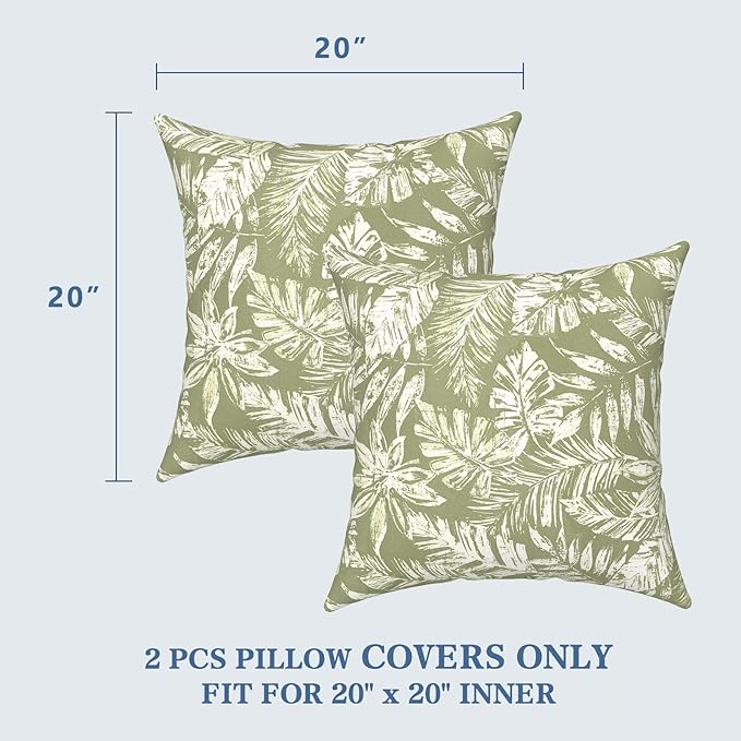 LVTXIII Outdoor Pillow Covers 20x20 Inch, 2 Pack Large Square Throw Pillow Cases, Fade-Resistant Cushion Covers for Patio Furniture Sofa, Garden Porch, Tropical Leaf Green