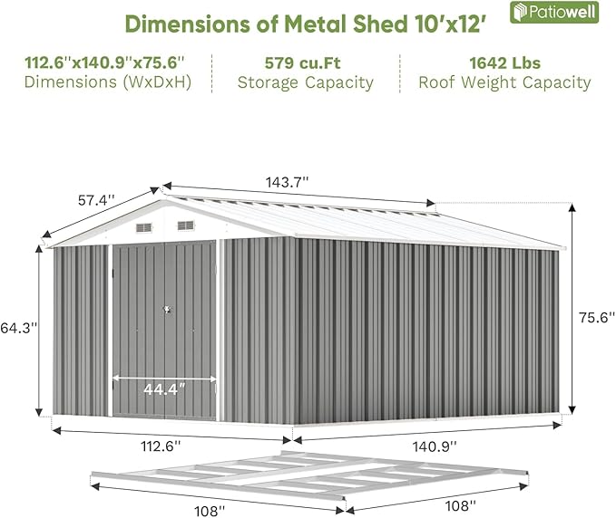 Patiowell 10 x 12 FT Outdoor Storage Shed with Floor Frame, Large Metal Shed Storage with Lockable Doors and Steel Frame, Utility Tool Outside Storage Shed for Garden, Patio, Backyard, Gray