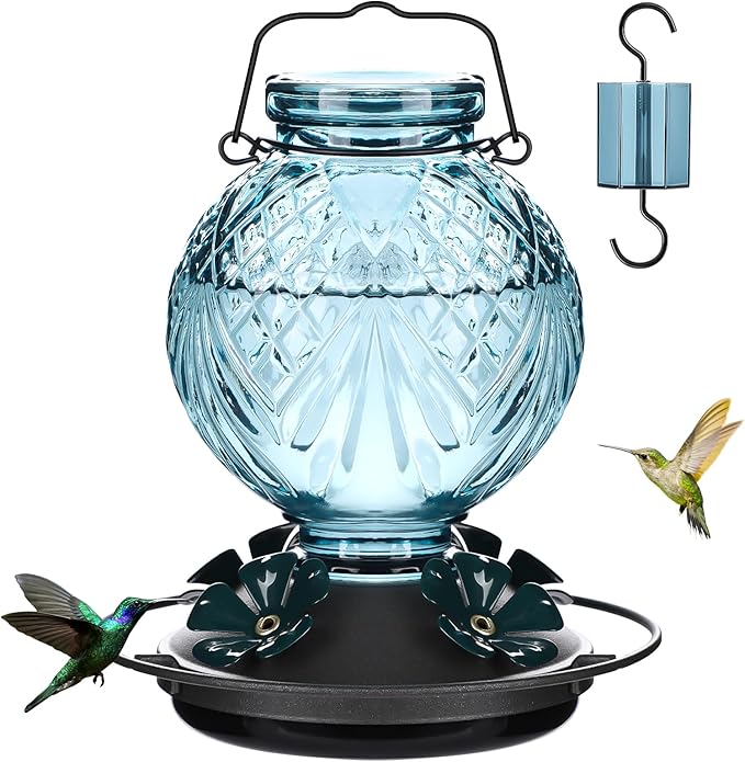 Glass Hummingbird Feeder for Outdoors Hanging, 20oz Bird Nectar Feeder with 4 Bee Guard Flower-Shaped Ports & Built-in Ant Moat, Easy to Clean, for Bird Lover,1 Pack, Blue