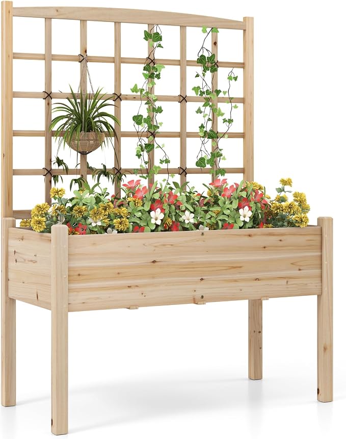 HAPPYGRILL Raised Garden Bed with Lattice Trellis, 4 Drainage Holes, Wooden Elevated Planter Box with Legs for Climbing Vine, Hanging Small Flower Baskets, Outdoor Gardening Planter for Patio Balcony