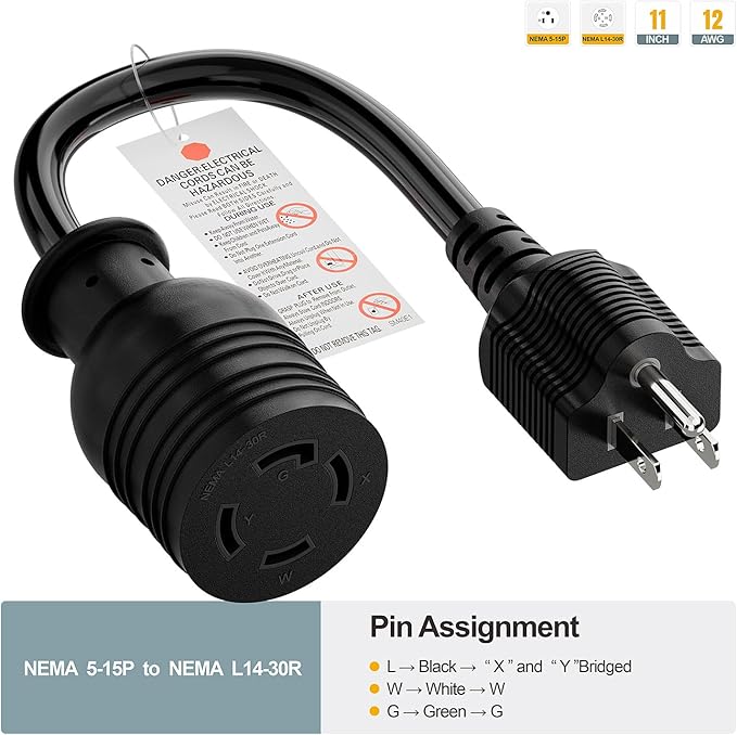 Nema 5-15P to L14-30R Power Adapter Cord, Household 15Amp to Generator Lock in 30Amp Adapter Cord, STW 12AWG Length= 1Foot