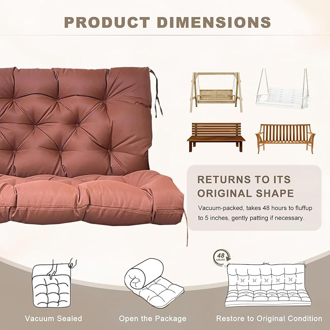 Porch Swing Cushion with Backrest,Waterproof Bench Cushion for Outdoor Furniture,2-3 Seater Replacement Thickened Swing Cushion with Ties,Patio,Outdoor,Backyard and Garden (Coffee,47x40)