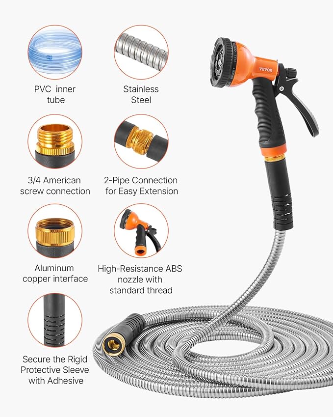VEVOR Garden Hose Metal 75 ft, Rust Proof Stainless Steel Water Hose, Heavy Duty Backyard Hose with 10 Function Nozzle, No-Kink & Flexible Water Pipe, Lightweight Metal Hose for Yard, Outdoor