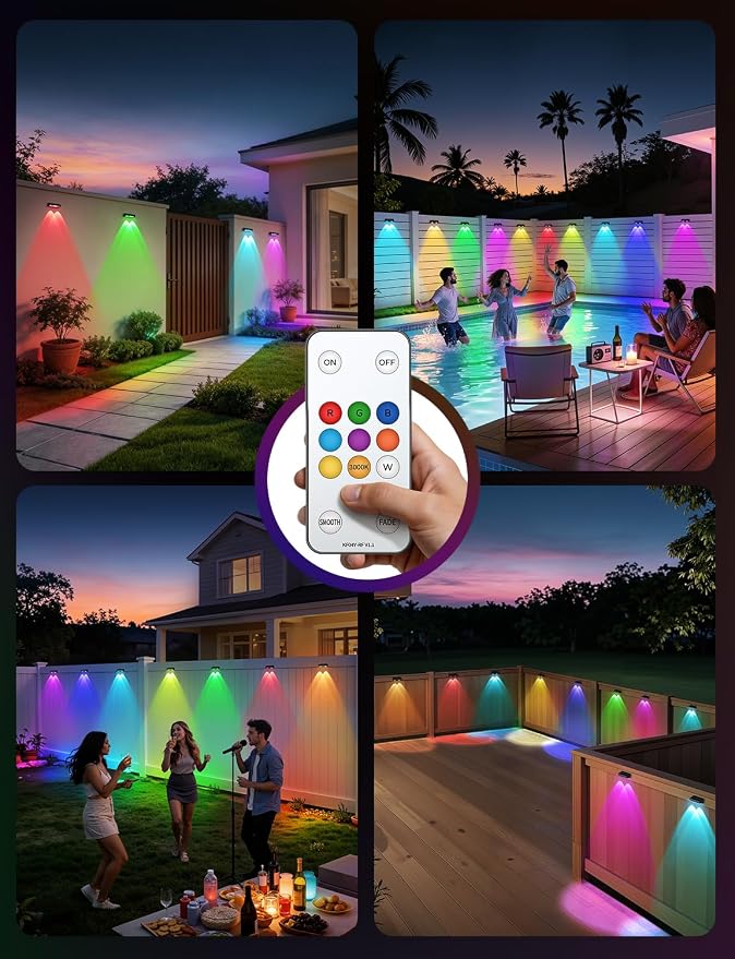 Solar Fence Lights Outdoor with Remote, 4 Pack 9 Colors & 11 Lighting Modes Fence Lights Solar Powered Waterproof IP65 Color Changing Solar Lights for Fence Garden Yard Patio Deck Step Wall
