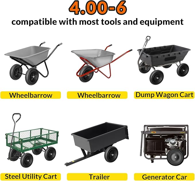 RONPOW 4.00-6 Flat Free Tire and Wheel, 13 Inch Solid Garden Wheelbarrow Tires, 300Lbs with 5/8" & 3/4" Axle Hole, 1"-3.5" Hub for Garden Cart, Wheelbarrow, Hand Truck, for Home Farm, 2Pcs Black