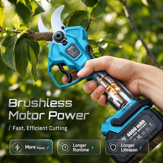 SEESII Electric Pruning Shears 1.8'' Cut, 20V Cordless Pruning Shears with Dual 4.0Ah Batteries, Brushless Motor, SK5 Blade, LCD Display, 4 Opening Modes for Tree Branch Trimming