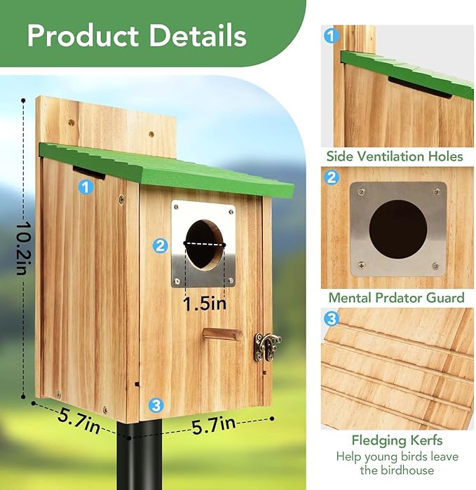 Bird Houses for Outside - Cedar Bluebird Houses with Metal Predator Guard, Birdhouse for Wren Bluebirds Finches Swallows, Carbonized Wooden Birdhouse