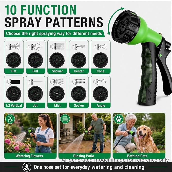 100FT Lightweight Flat Garden Hose for Women & Seniors, Non-Expandable Water Hose with 10-Pattern Spray Nozzle, Easy Storage No-Kink Hose for RV, Patio, Small Backyard, Car Wash & Everyday Watering