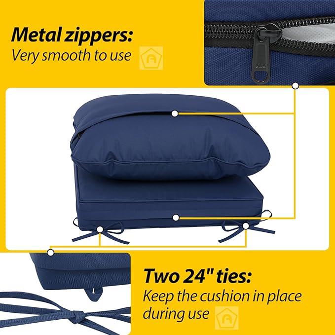 AAAAAcessories Outdoor Seat Cushions for Chairs, Waterproof, Fade-Resistant Patio Furniture Replacement Cushions, 21" x 21" x 4" + 23" x 17", Navy Blue