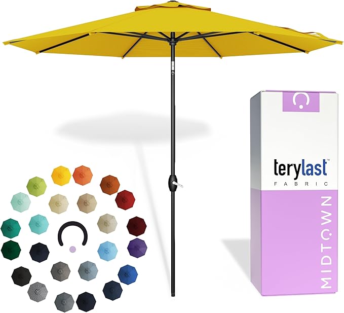 Midtown Umbrellas - 10-Year-No-Fade 6 Ft Patio Umbrella with Terylast Fabric, Auto-Tilt Aluminum Frame and 8 Reinforced Ribs for Deck, Pool, Garden & Beach - Sunflower Yellow Canopy, Black Pole