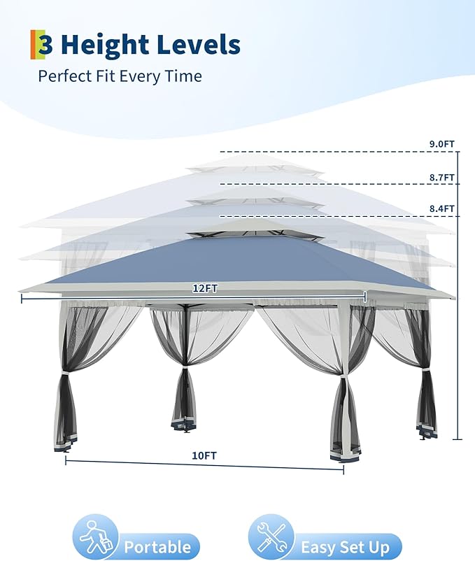 GarveeLife Canopy Tent 12x12 ft, Pop Up Gazebo One-Push Setup with 4 SandBags for Backyard Parties and BBQs, Mosquito Netting & Height Adjustable - Navy Blue
