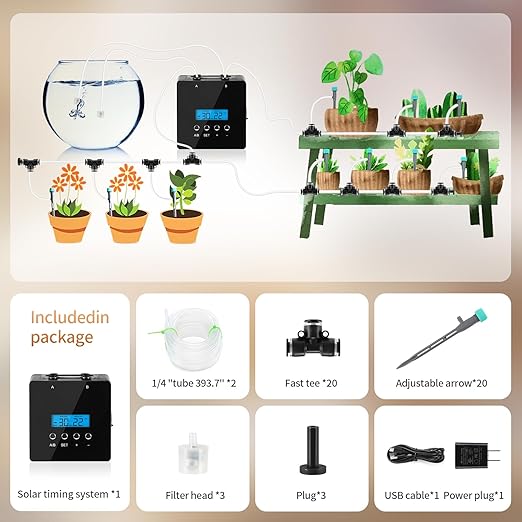 Indoor Plant Watering syste with 30-Day Timer,Self Watering Driplrrigation Kit with Timer, Automatic Watering System，AdjustableNozzles for 20 Plants, 2 p