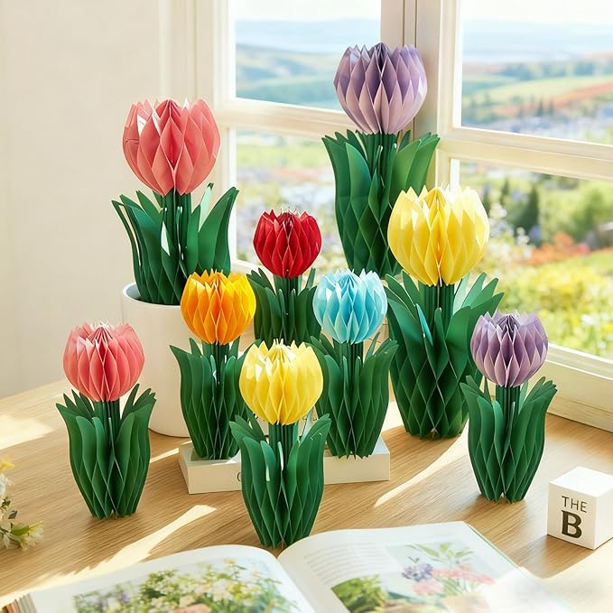 OBBOLO 12 Pcs Tulip Honeycomb Decorations, Spring Decorations for Office, Spring Table Decor, Tulip Party Decorations, Spring Centerpieces for Tables for Mothers Day Spring Party, Womens Day