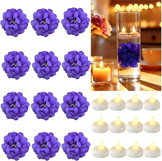 24 Pack Flameless Floating Candles and Floating Artificial Flower Led Battery Operated Waterproof Floating Candles Tea Lights for Vases Centerpieces at Wedding, Party, Pool Decor Purple