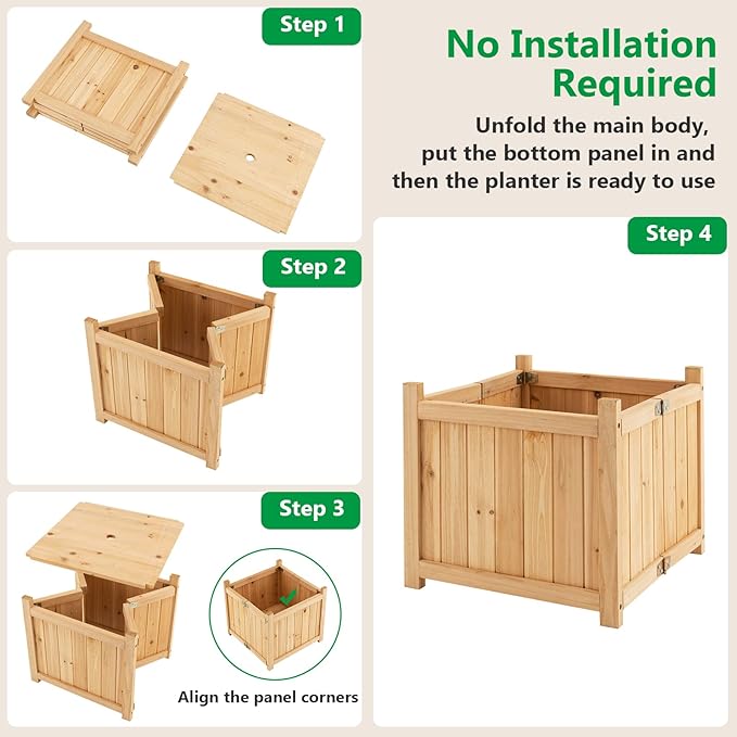 Giantex 15” Planter Raised Garden Bed - Wooden Planting Box, Outdoor Folding Square Planter w/Removable Bottom, Premium Drainage System for Herbs, Fruits, Flowers, Succulents, Simple Assembly