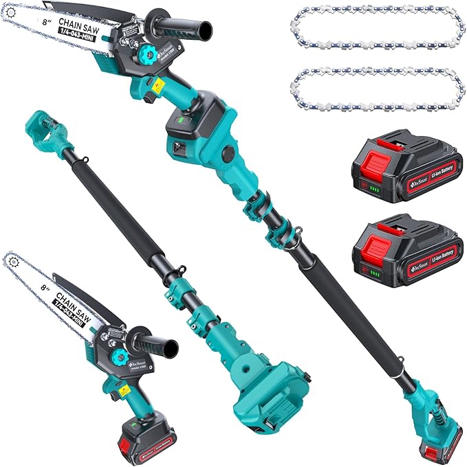8" Electric Pole Saws for Tree Trimming,Brushless Mini Chainsaw Cordless with Extension Pole 2 Batteries, Battery Powered Hand Held Chain Saw Pole Pruner for Cutting Tree Limbs, Gifts for Mother's Day