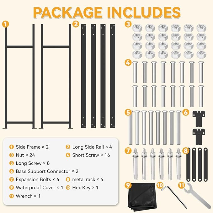 Heavy Duty 8ft Firewood Rack with Cover Outdoor, 1/2 Cord Capacity Log Holder Sturdy Steel Construction, All-Weather Black Powder Coat Wood Storage Organizer for Indoor&Outdoor Use, Black