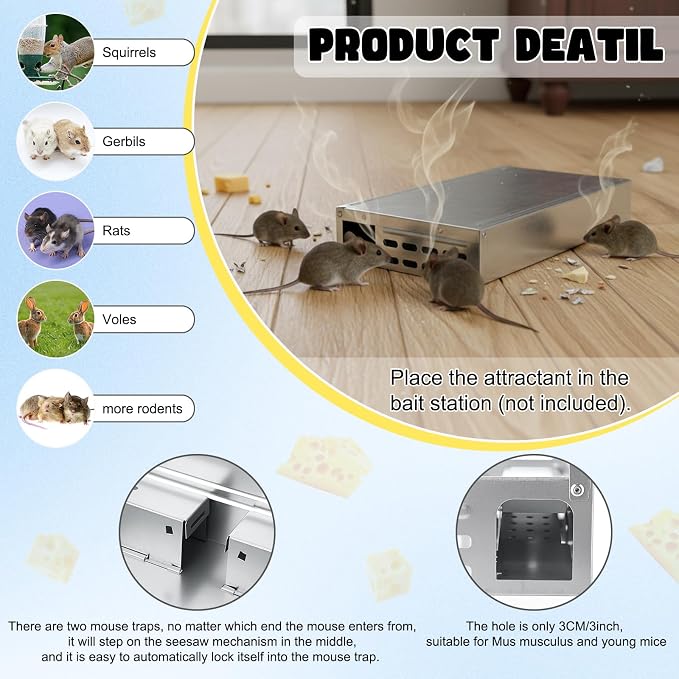 2 Packs Multi Catch Mouse Trap Invisible Mice Trap Rodent Humanized Silver Rat Traps for Indoor Outdoor Rat Control Pet and Security