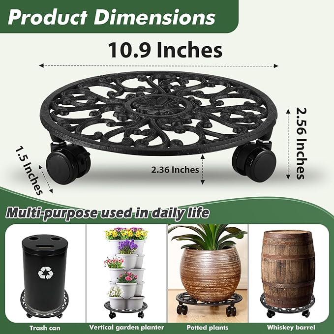 3 Packs 11 Inch Rolling Plant Stand with Wheels Wrought Iron Rolling Plant Stand with Casters Heavy Duty for Indoor Plants Rollers with Wheels Metal Round Plant Dolly