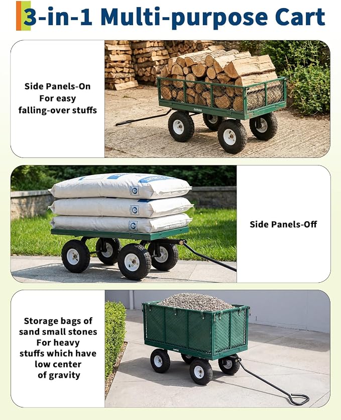 Garvee Versatile Outdoor Utility Cart-800LBS Heavy-Duty, 10" All-Terrain Pneumatic Tires, Easy Maneuverable Lawn Cart with Removable Mesh Panels for Gardening&Landscaping, Green, with Waterproof Liner