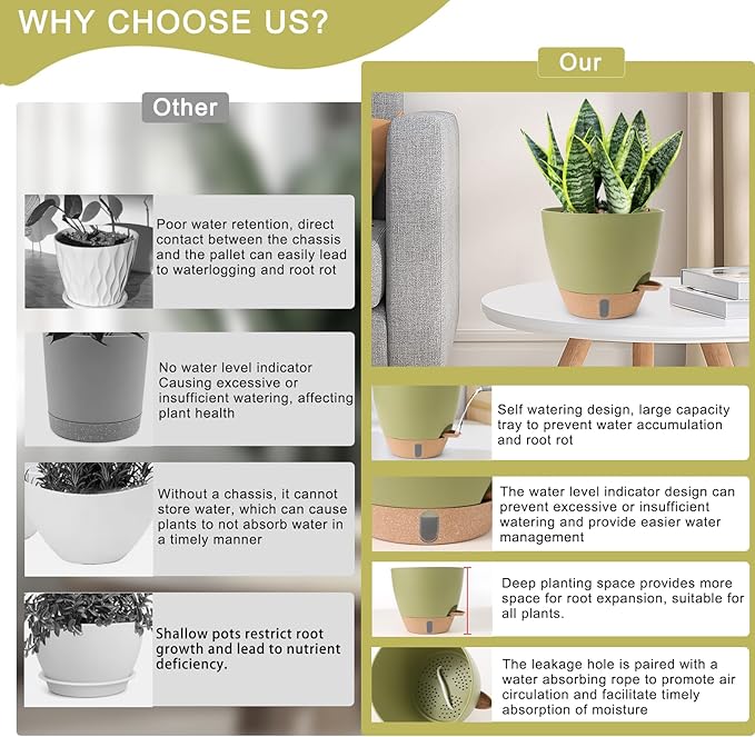 Self Watering Pots for Indoor Plants, 3 Pack 12/10/8 Inch, Large Planter with Water Reservoir, Modern Decorative Flower Pots for Home & OfficeGreen