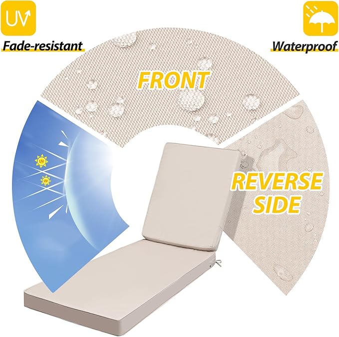 AAAAAcessories Outdoor Chaise Lounge Cushions, Fade-Resistant, Waterproof Patio Furniture Replacement Cushions, 80" x 26" x 3", Sandstone Beige