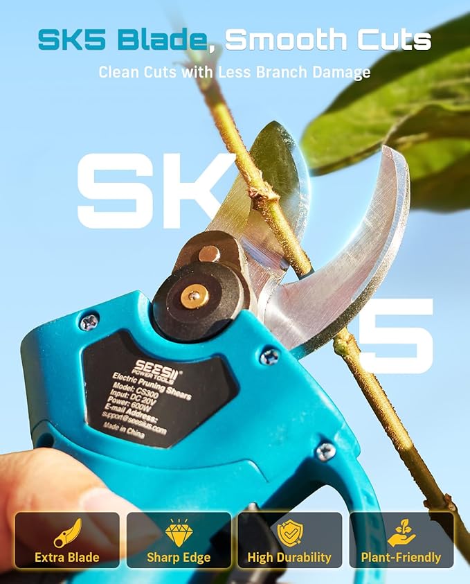 SEESII Electric Pruning Shears for Garden: 1.4" Cutting Cordless Power Pruner, 2 * 2000mAh Batteries, Brushless Motor, Extra SK5 Blade, 2 Modes Battery Powered Branch Cutter for Tree Trimming