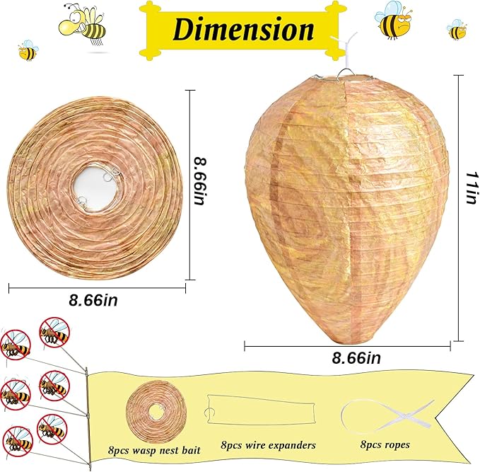 ZeeDix 8 Pack Hanging Paper Fake Wasp Nest Decoy- Fake Hornets Wasp Nest for Outdoor, Home and Garden(8.66"×11",Warm Color)