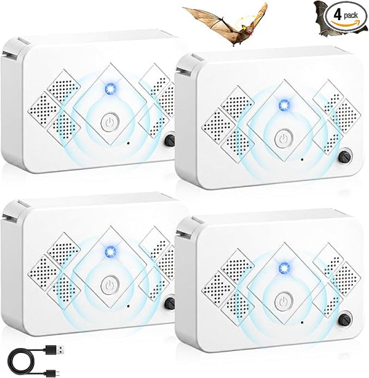 2026 Upgraded Ultrasonic Bat Repeller, 4 Pack USB Sonic Bat Repellent Indoor&Outdoor Covered, Rechargeable Battery Operated Bat Deterrent Device for Attic,Roof,Barn, Pet Friendly (White, Small)