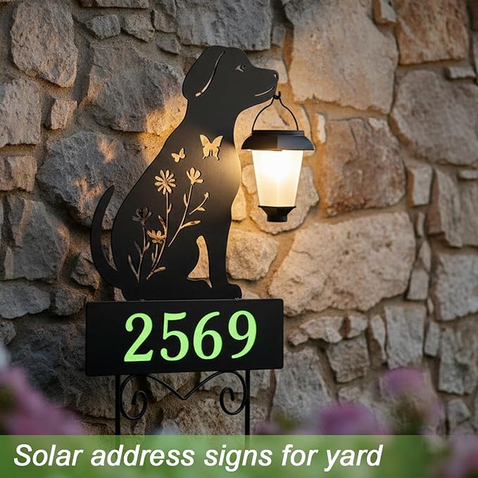 Solar House Numbers for Outside,Metal Dog Address Signs for Houses Yard | Glow in The Dark Decorative Outdoor Ornaments for Garden Stakes,Lawn,Pathway,Patio