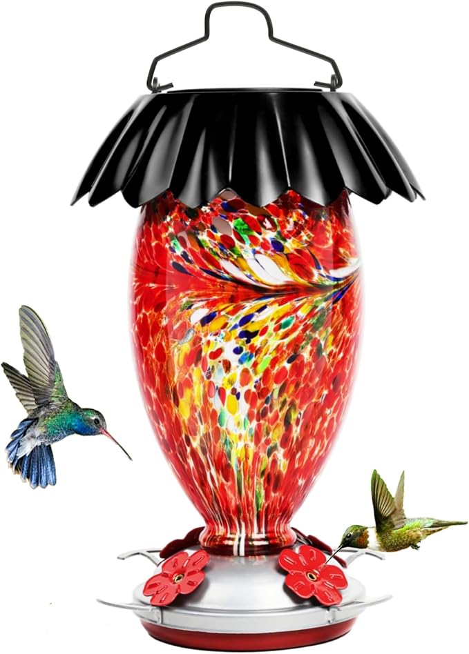 Solar Hummingbird Feeder for Outdoors Hanging Colorful Lighting 32 Oz Hand Blown Glass Hummingbird Feeder for Garden Decoration with Accessories (Red)